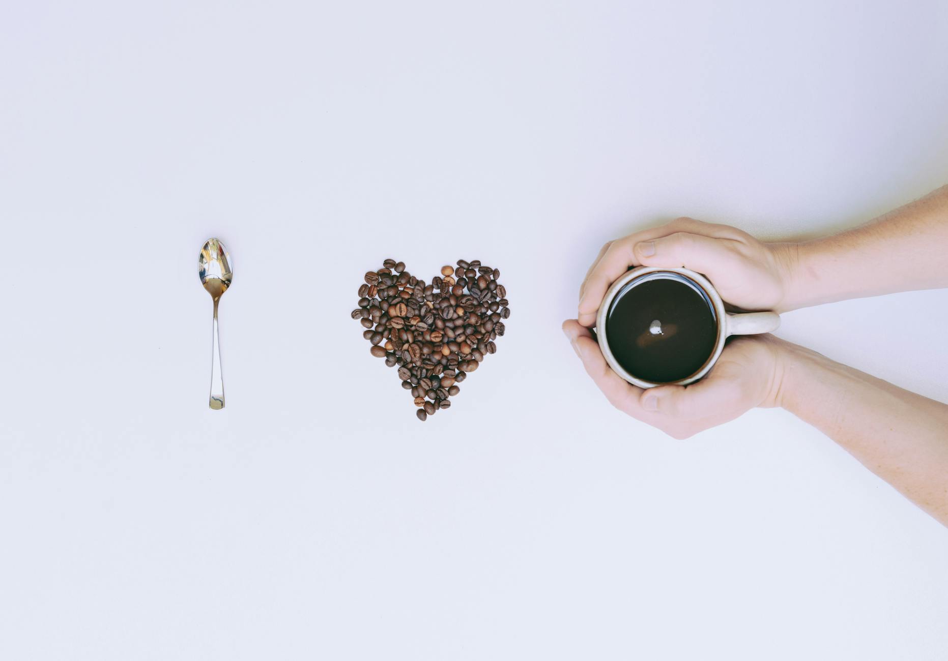 coffee - flat lay photography of mug and coffee beans - i love coffee