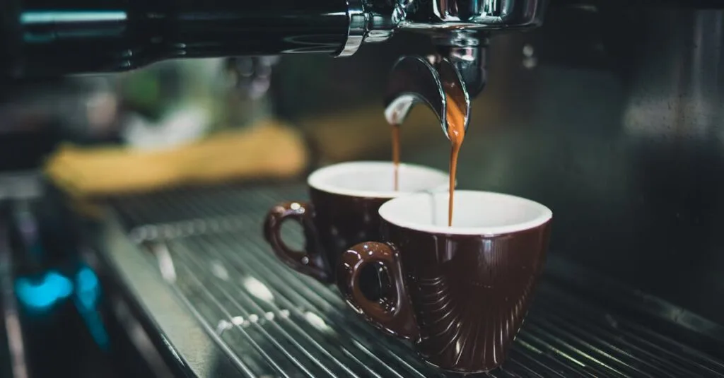 Close-up of a professional espresso machine brewing coffee into cups. sustainable coffee